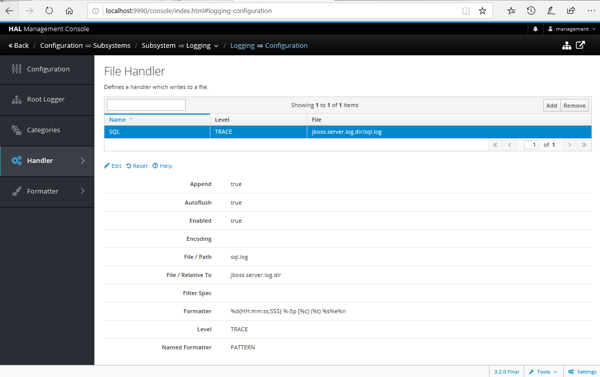 WildFly Admin Handler Screen