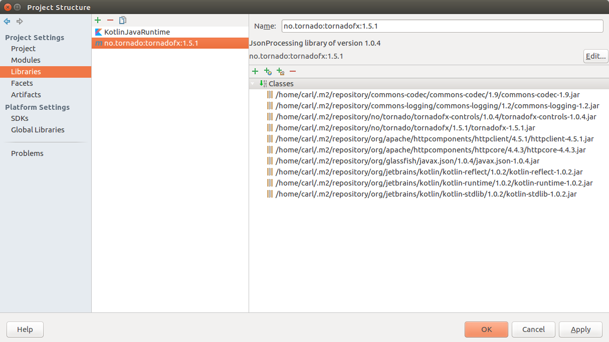 IntelliJ Screenshot Showing TornadoFX Added