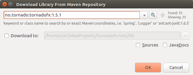 IntelliJ Screenshot Showing Selection of TornadoFX from Maven
