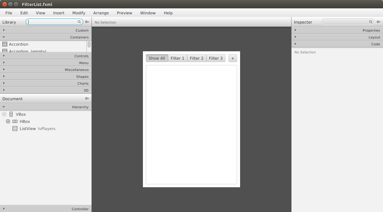 Screenshot of Scene Builder Showing FXML of Main Screen