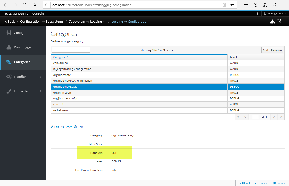 WildFly Admin Category Screen