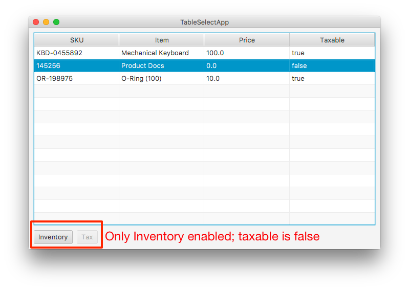 TableView With Taxable Item Selected